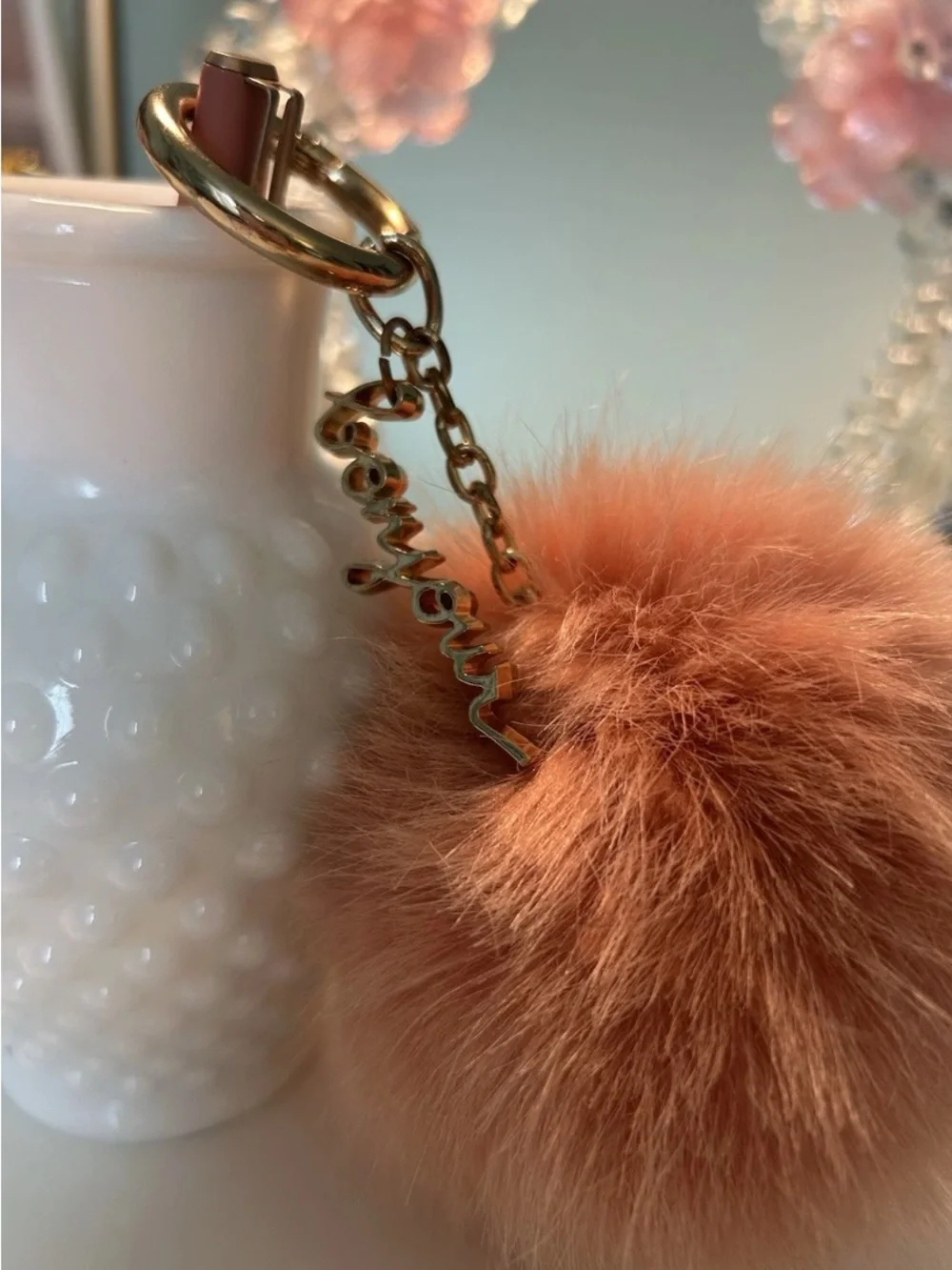 Anthropologie Fluffy Pom Pom Keychain in Blush. Medium. Bonjour Charm Gold Toned